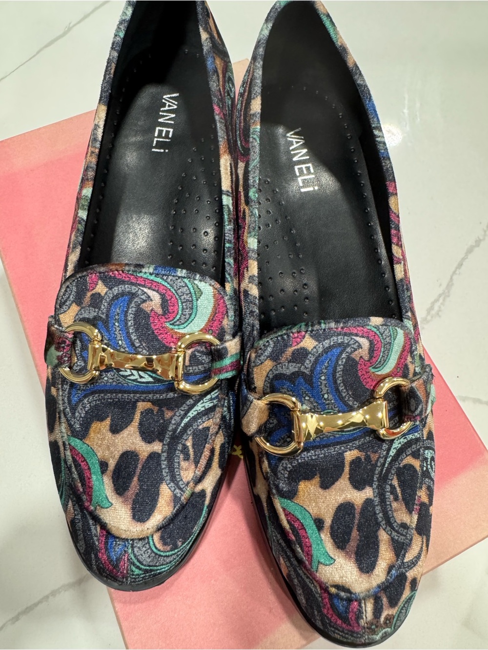 Vaneli Multicolor Paisley & Leopard Velvet Loafers with Gold Bit - Picture 3 of 11